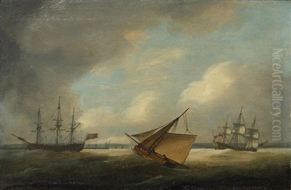 Various Shipping Off A Coastline Oil Painting by Thomas Luny