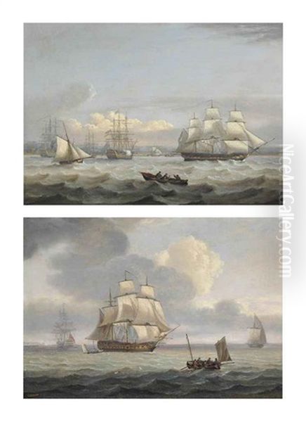 A Squadron Of The Blue Lying Off Portsmouth With A Flagship Signalling... (+ A Royal Navy Two-decker Underway In The Channel Off The Downs...; Pair) Oil Painting by Thomas Luny