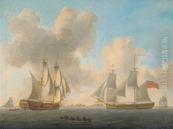 Sailors In A Rowing Boat Approaching A Sailing Ship, Others Beyond Oil Painting by Thomas Luny