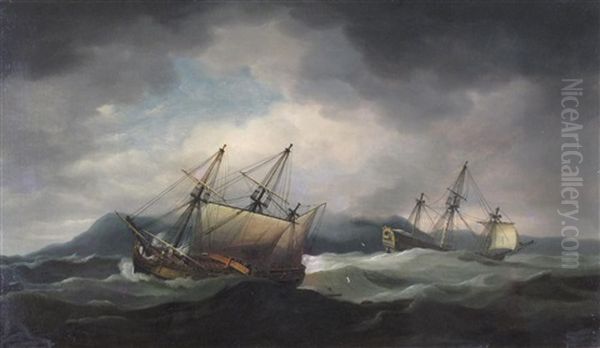 Ships In A Swell Oil Painting by Thomas Luny