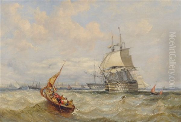 Sailors In A Row Boat Approaching A Sailing Ship, Others Beyond Oil Painting by Thomas Luny