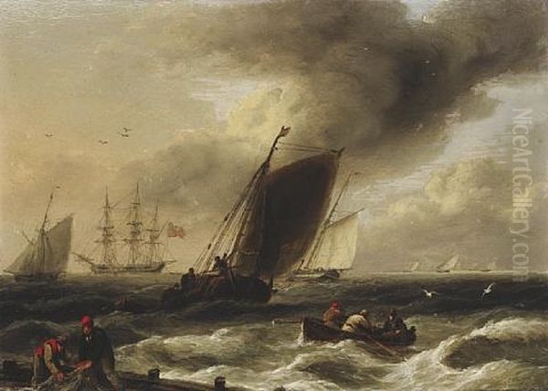 Small Craft Heading Inshore Ahead Of A Squall, With A Frigate Anchoring For Shelter Beyond Oil Painting by Thomas Luny