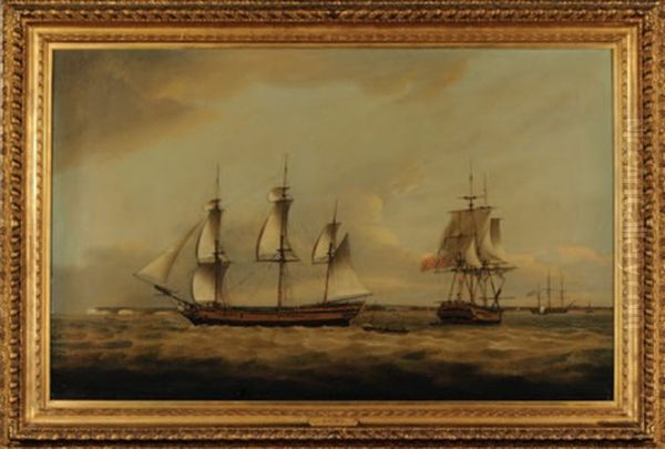 The Lady Jane In Three Positions (off The South Foreland?) Oil Painting by Thomas Luny