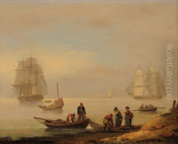 Fisherfolk On A Shore, Three Masted Men-o-war Offshore, Other Shipping Beyond Oil Painting by Thomas Luny