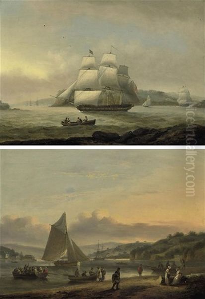 A Royal Navy Frigate In Plymouth Sound Off The Hamoaze (+ Small Craft On The River At Teignmouth, Devon; Pair) Oil Painting by Thomas Luny