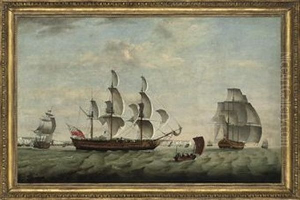 A Three-master In Three Positions In The Channel Off Dover, Calling For A Pilot Oil Painting by Thomas Luny