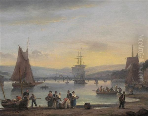 Harbor Scene At Teignmouth Devon by Thomas Luny