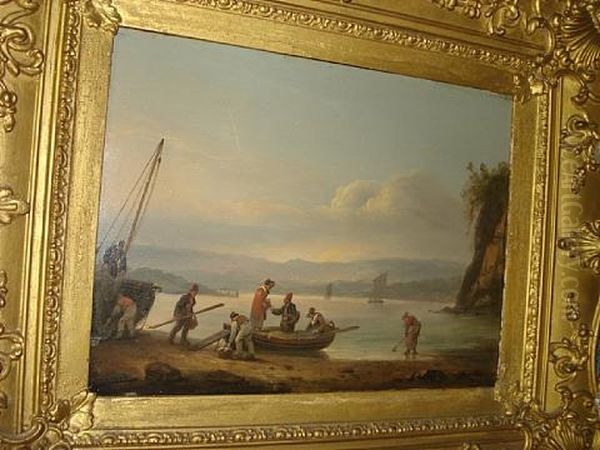 Coastal Scene With Figures Embarking A Boat Oil Painting by Thomas Luny