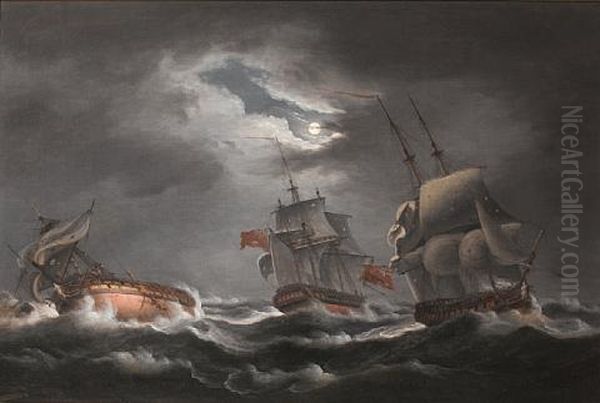 An Anglo-french Naval Engagement During The French Revolutionary (+ Napoleonic Wars; Pair) Oil Painting by Thomas Luny