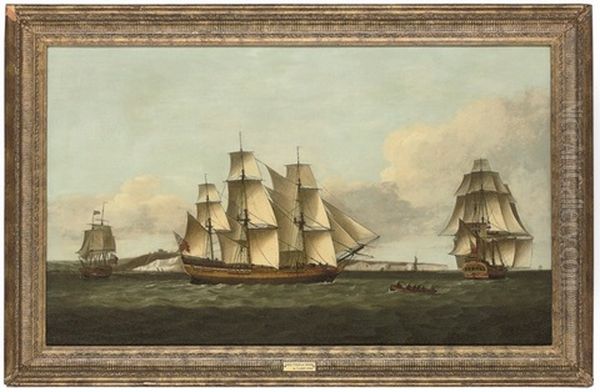 The British Merchantman Tyson In Three Positions Off Dover, In-bound For London And Requesting A Pilot Oil Painting by Thomas Luny