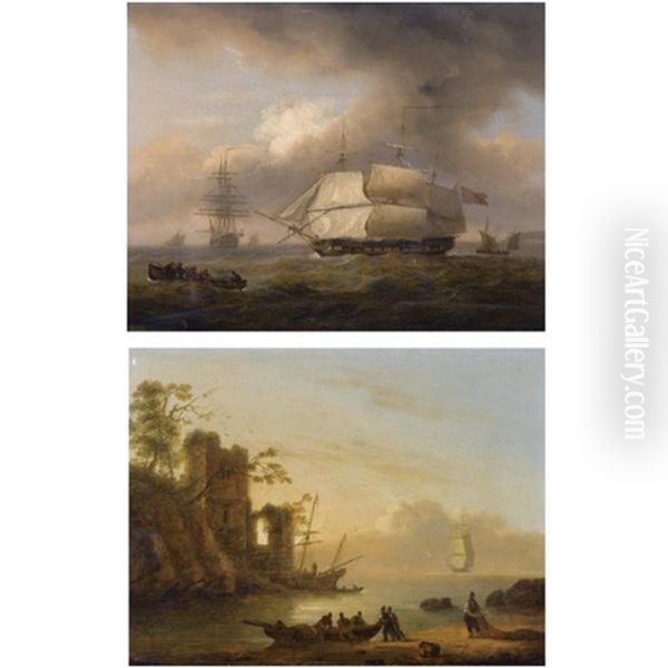 A 26-gun Frigate Of The Royal Navy Off A Headland (+ Fishermen In An Estuary; Pair) Oil Painting by Thomas Luny