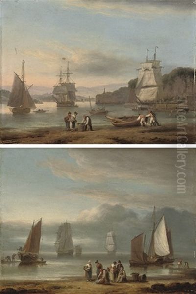 Teignmouth Harbour At Low Tide (+ Sorting The Catch On The Foreshore; Pair) Oil Painting by Thomas Luny