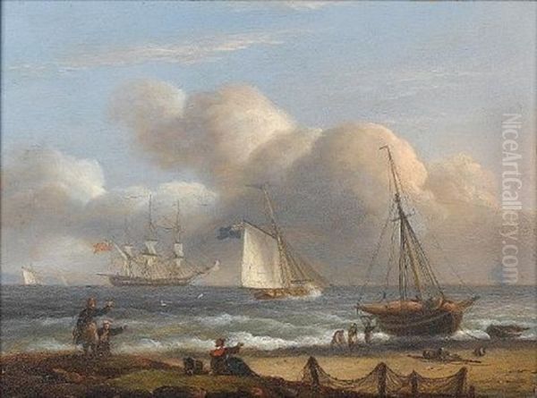 An Armed Cutter Caught In The Surf Off A Beach, With An Anchored Frigate Firing A Salute Offshore Oil Painting by Thomas Luny