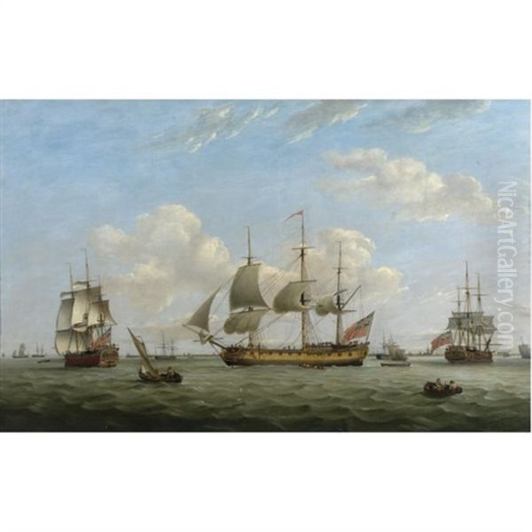 Men-of-war Hms "maria Anna", "earl Of Chatham" And "achilles" Off A Coastal Town Oil Painting by Thomas Luny