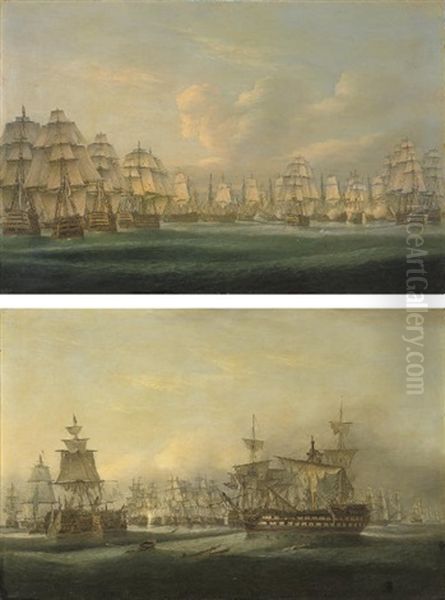 The British Fleet Going Into Action At Trafalgar, With Admiral Collingwood's Royal Sovereign Breaking The Line Ahead Of Nelson's Victory (+ In The Midst Of Battle, Trafalgar At 3.30 P.m; Pair) Oil Painting by Thomas Luny