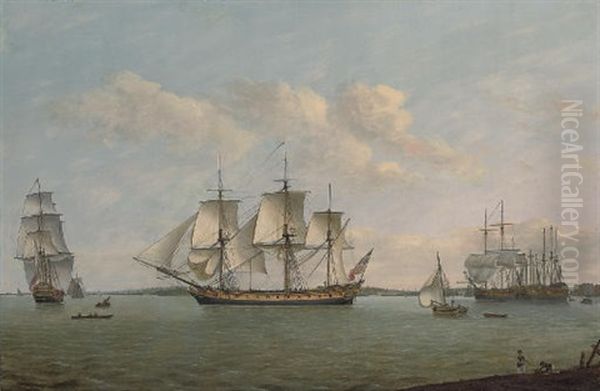 The East Indiaman "king George," In Three Positions On The Thames, Outward-bound On Her Maiden Voyage Passing Greenwich Oil Painting by Thomas Luny