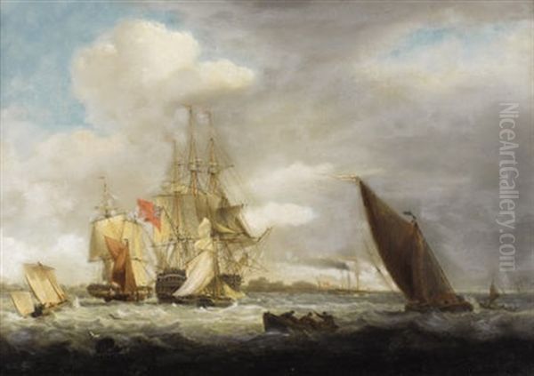 A British Ship Of The Line Of The Red Fleet Oil Painting by Thomas Luny