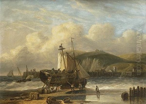 Repairing A Beached Hulk Near A South Coast Harbour Entrance by Thomas Luny