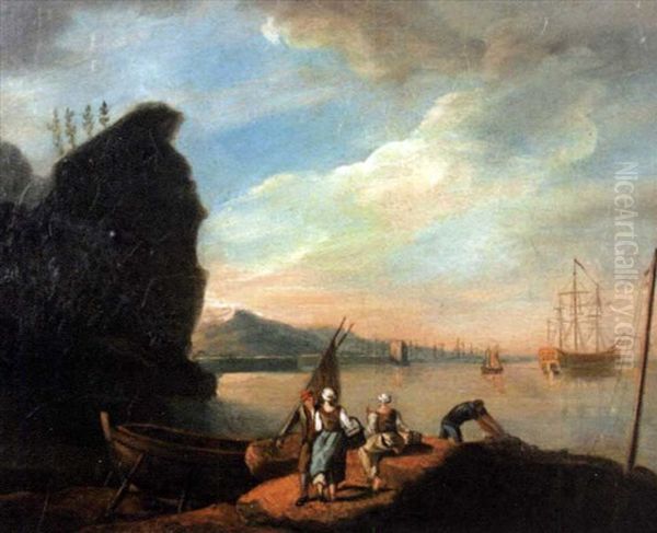 Fisherfolk By A Harbour Oil Painting by Thomas Luny