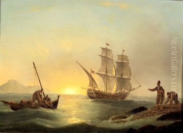 Shipping Off The North African Coast Oil Painting by Thomas Luny