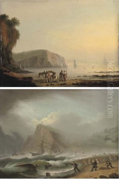 Coastal Scene With Figures And A Horse On A Beach (+ A Ship In Rough Seas Off The Coast With Rescuers On A Beach; Pair) Oil Painting by Thomas Luny