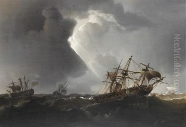 Men O'war In Heavy Swell Oil Painting by Thomas Luny