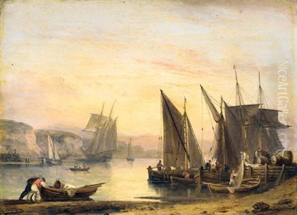 An Estuary Scene With Fishermen Unloading The Boats In A Calm, A Schooner In The Background Oil Painting by Thomas Luny