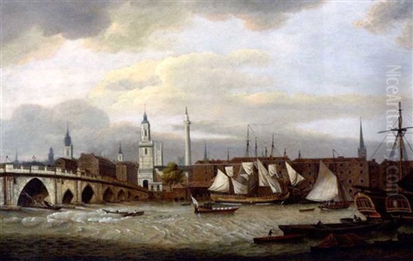 Merchant Shipping At The Wharfside Below Old London Bridge, With The Church Of St. Magnus The Martyr And Wren's Monument To The Great Fire Dominating The Northern Shore Oil Painting by Thomas Luny