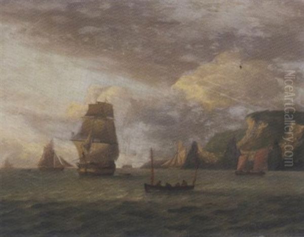 A Trading Brig And Other Shipping In Coastal Waters Oil Painting by Thomas Luny