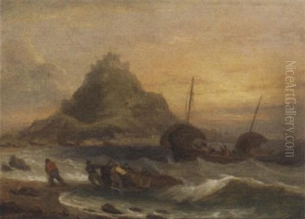 Fishermen Hauling In Their Boats In The Surf Before St. Michael's Mount Oil Painting by Thomas Luny