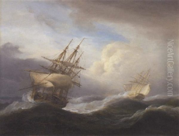 A Close Encounter In The Channel Oil Painting by Thomas Luny