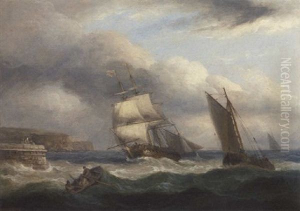 An English Frigate With A Pilot Jack At Her Masthead, Running Into Port Ahead Of The Storm Oil Painting by Thomas Luny