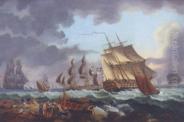 Man-o-war Caught On A Stormy Sea Oil Painting by Thomas Luny