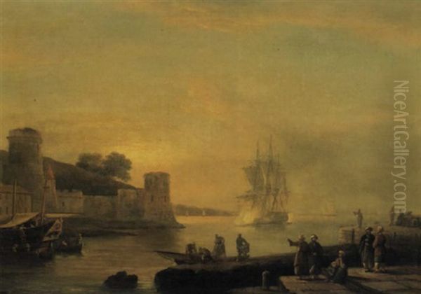 A Busy Levantine Port With Ottoman Traders In The Foreground Oil Painting by Thomas Luny