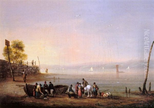 Fisher Folk Unloading The Catch With Sailing Boats Heading Out To Sea Oil Painting by Thomas Luny