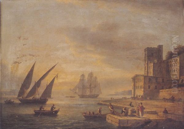 Mediterranean Harbour Scene At Sunset Oil Painting by Thomas Luny