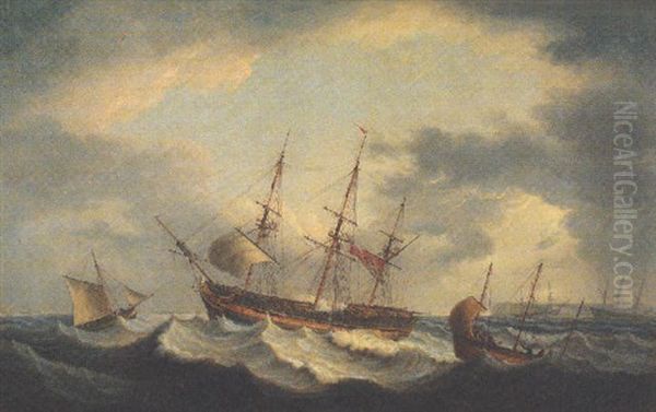 Ships Sheltering From A Gale In The Downs, Amongst Them A Frigate In Distress Oil Painting by Thomas Luny