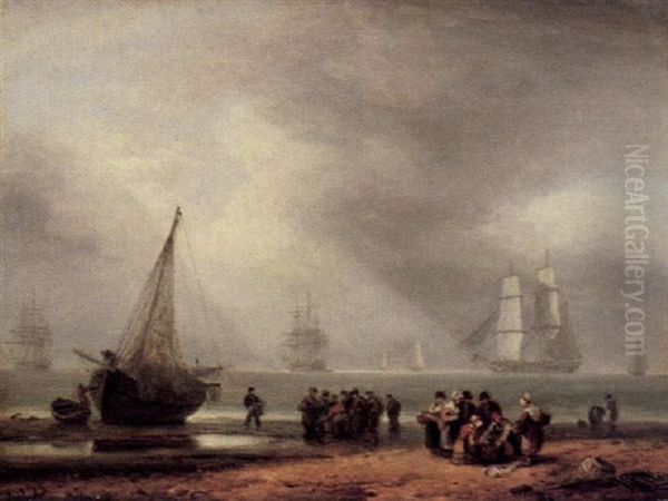 Kustenlandschaft Mit Fischern Und Segelbooten Oil Painting by Thomas Luny