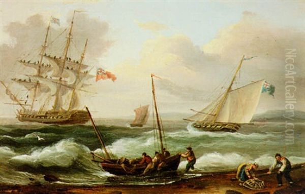 An Armed Cutter Approaching A Frigate Making Sail Off Shore by Thomas Luny