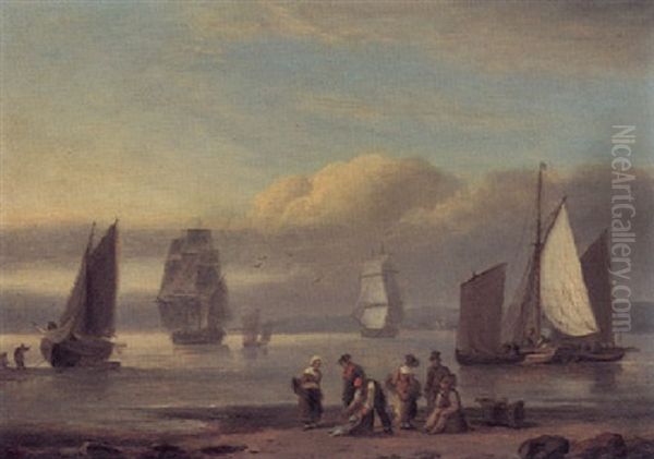 Figures On A Beach, With Shipping Beyond Oil Painting by Thomas Luny