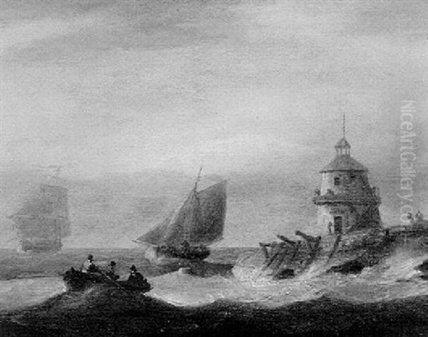 Shipping Off A Foreland With A Lighthouse Oil Painting by Thomas Luny