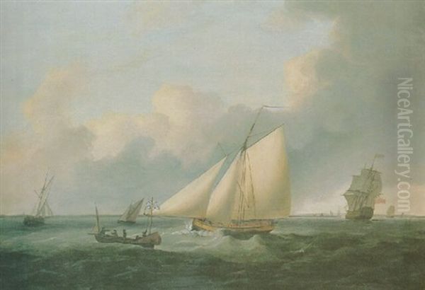 A Lugger, A Man O'war And Other Shipping Off A Coastline Oil Painting by Thomas Luny