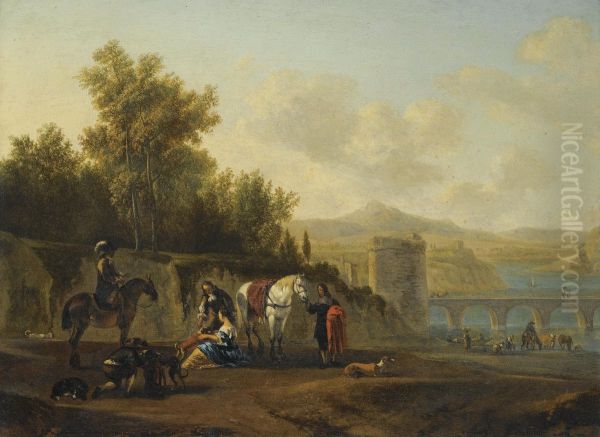 An Extensive Italianate River Landscape With Travellers Resting On A Path Oil Painting by Gerrit Adriaensz Berckheyde