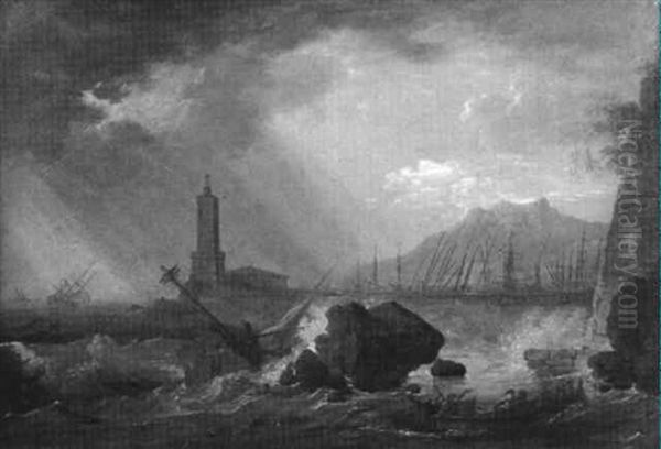 Harbour Scene In A Storm Oil Painting by Thomas Luny