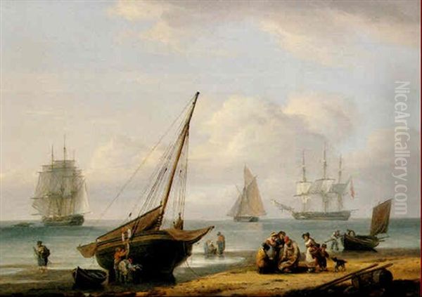 Fisherfolk And Shipping At Teignmouth by Thomas Luny