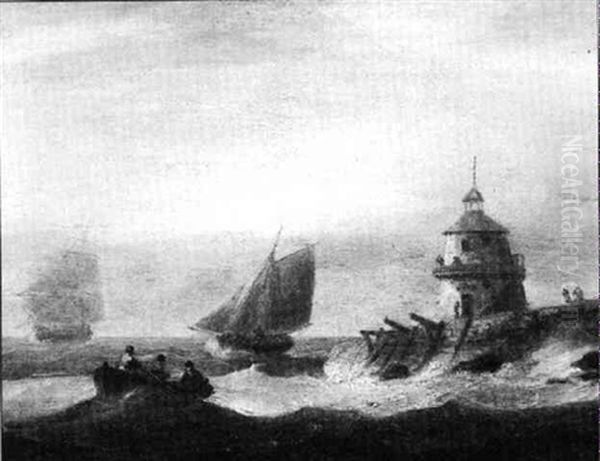 Shipping Off A Foreland With A Lighthouse Oil Painting by Thomas Luny