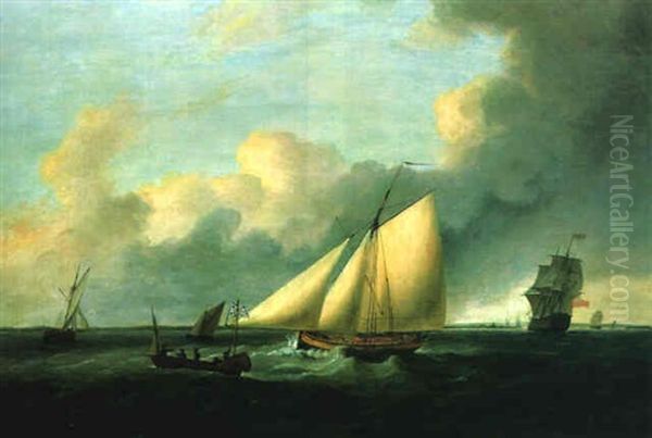 A Lugger, A Man O'war And Other Shipping Off A Rocky Coastline Oil Painting by Thomas Luny