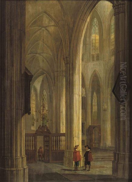 A Church Interior With Figures Conversing Oil Painting by Gerrit Adriaensz Berckheyde