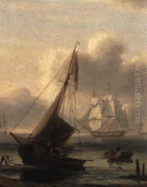 A Beached Fishing Boat, Other Shipping Beyond Oil Painting by Thomas Luny