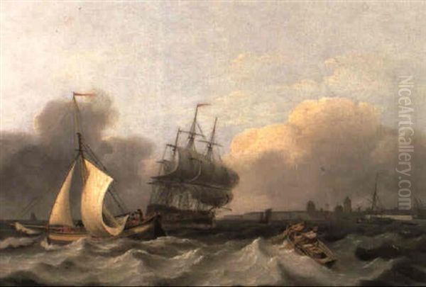 A Man-o'-war And Other Shipping Off An English Coastline Oil Painting by Thomas Luny